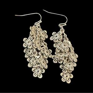 Cut Out Flower Chandelier Earrings Silver Tone